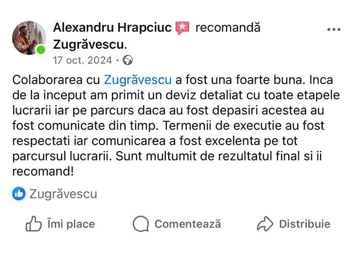Recenzie client Zugrăvescu pe Google